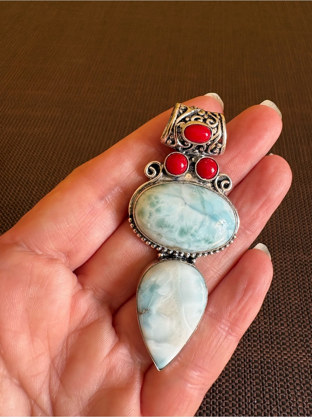 New! 925 Sterling Silver Overlay Larimar & Red Coral Multi Gemstone Pendant - Picture 13 of 15